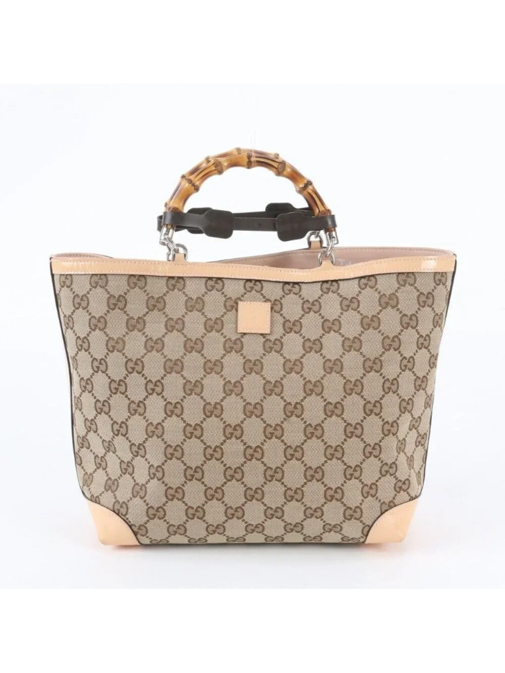 Gucci GG Canvas Bamboo Leather Handbag Tote Brown
